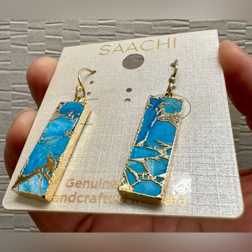 NWOT SAACHI 18K Gold Plated Mojave Turquoise Rectangle Drop Earrings